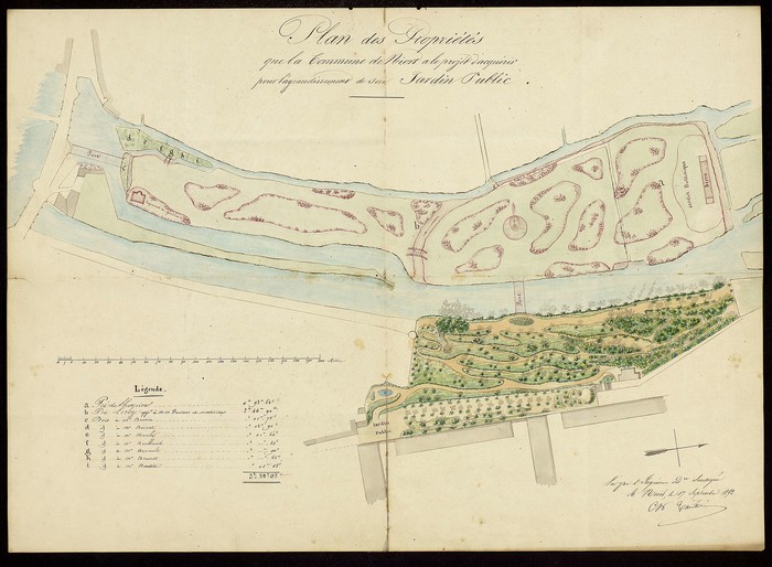 Jardin public, projet d'extension: plan aquarellé des propriétés que la commune de Niort a le projet d'acquérir sur le Pré Leroy pour l'agrandissement de son jardin public, 1852 (1 Fi 2119