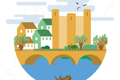  Illustration de la ville de Niort avec son pont, ses tours, sa végétation et une loutre dans la Sèvre, symbolisant la biodiversité urbaine.